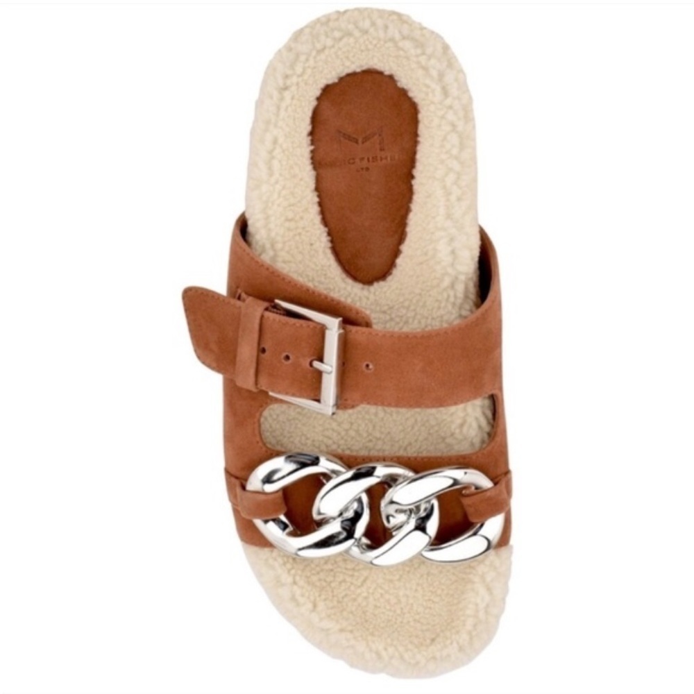 MARC FISHER Fresno Slide Sandals in medium brown Sherpa fuzzy chain NEW